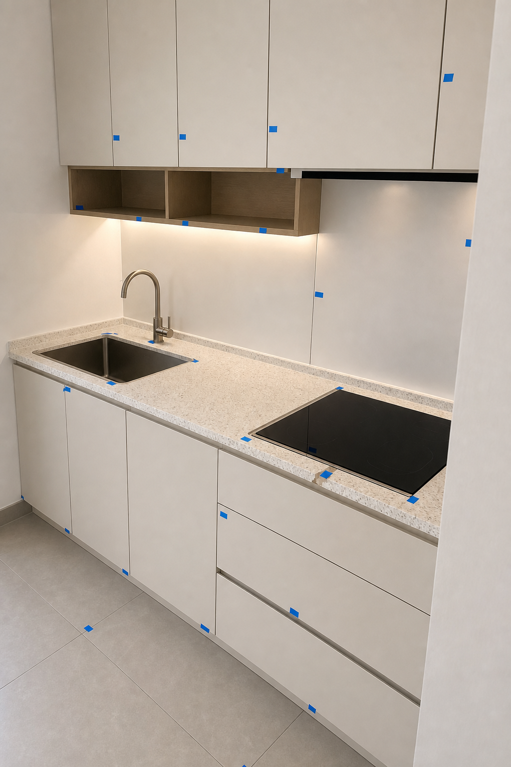 Kitchen inspection — defects marked with blue tape